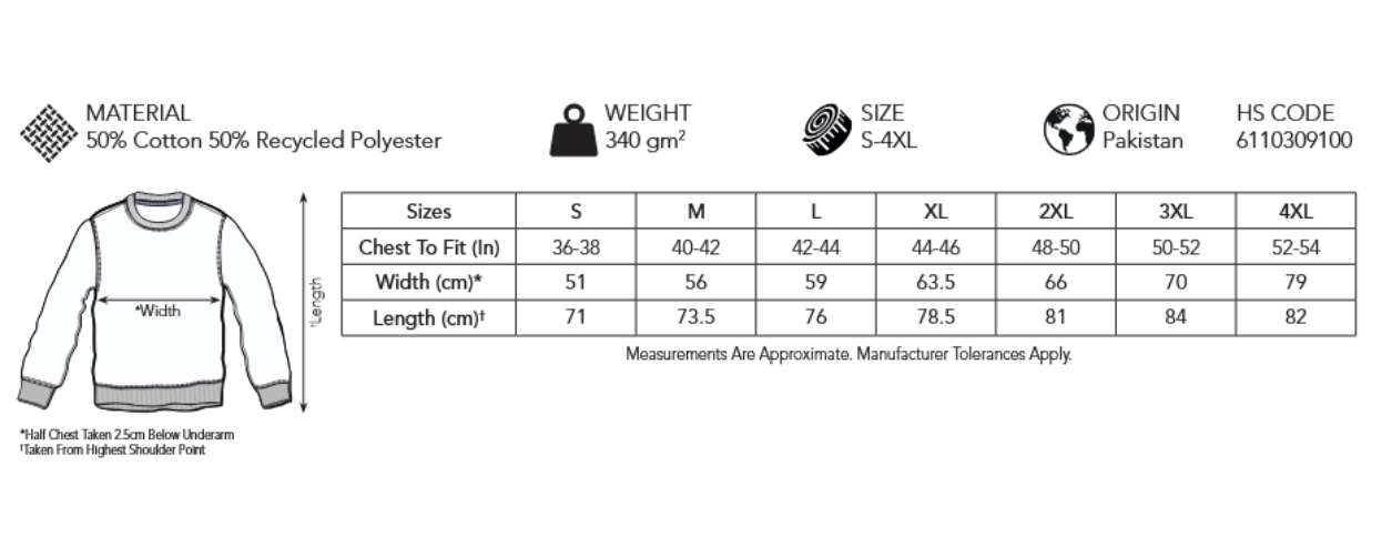 Sweatshirt size chart with material, weight, and size information.