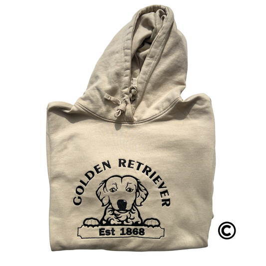 Beige hoodie with Golden Retriever design and text on a white background